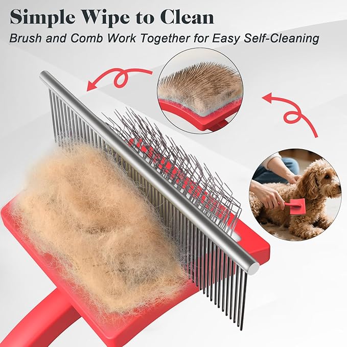 2PCS Slicker Brush for Dogs & Pet Comb,Professional Dog Grooming Brush (Goldendoodles,Poodles,Labradoodles) with Extra Long Pins to Effectively Remove Tangles, Knots and Mats (Red)-PurrikoPets