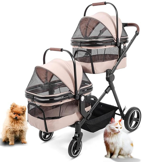 Foldable Double Pet Stroller for 2 Small Medium Cats Dogs, Lightweight Single and Double Integrated Pet Stroller with Detachable Carriers-PurrikoPets