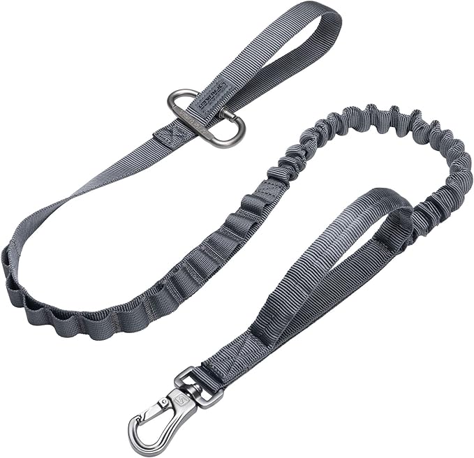 EXCELLENT ELITE SPANKER Tactical Bungee Dog Leash Military Adjustable Dog Leash Quick Release Elastic Leads Rope with 2 Control Handle（Grey-PurrikoPets
