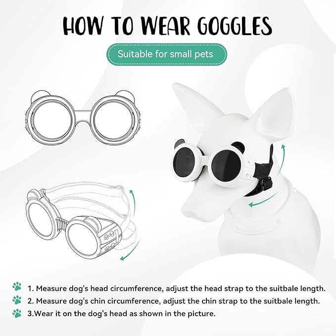 Dog Goggles for Small Breed UV/Wind/Dust Protection Puppy Sunglasses with Adjustable Strap - White-PurrikoPets
