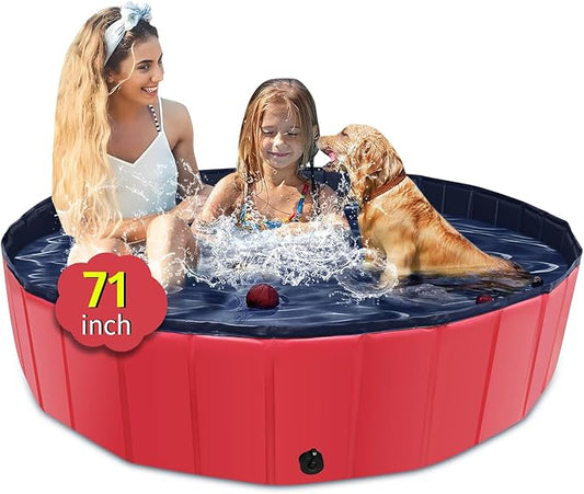 Foldable Dog Pool, 71" x 14" Large Kiddie Pool with Hard Plastic, Non-Slip Dog Bath Tub for Outdoor Backyard, Collapsible Dog Swimming Pool for Kids Dogs Pets (Red)-PurrikoPets