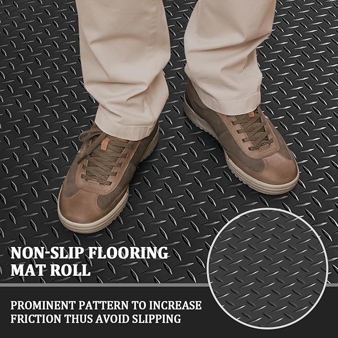 16.4 x 3.3Ft Garage Rubber Flooring Roll, 3 mm Thickness Floor Mat, Diamond Plate PVC Rubber Trailer Mats Non-Slip Flooring for Garage Gym Horse Stall Home Patio (Black)-PurrikoPets