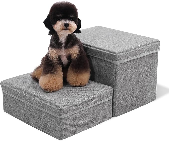 Foldable Dog Stairs/Steps 2-Tier Pet Steps Storage and Adjustable Steps for Small Medium Dogs Pet Steps Storage Stepper for High Beds Sofa Pet Dog Cat (2 Step-Light Grey)-PurrikoPets