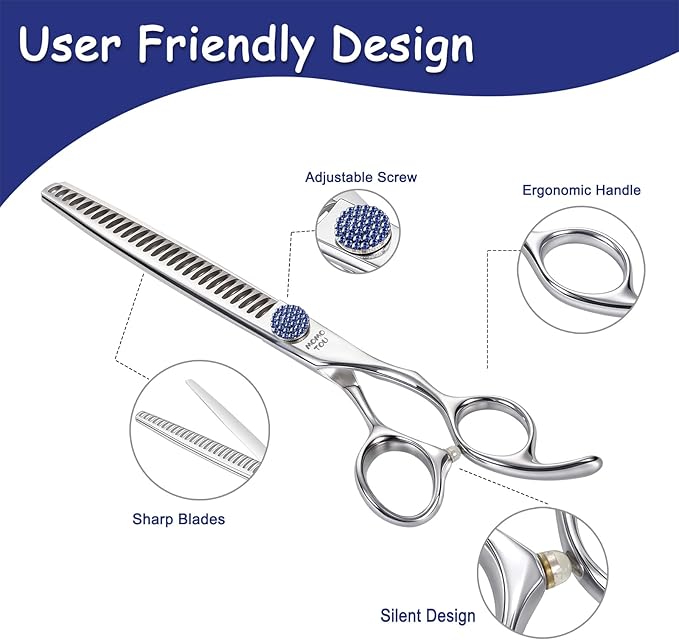 7.5'' Dog Grooming Scissors CNC 440C Blades Sharp and Durable Polished Chunker Dog Shears with Blue Diamond Adustable Screws Easy to Use for Groomer and Home User-PurrikoPets