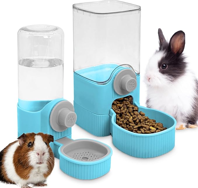 Fhiny Rabbit Food & Water Dispenser, Large Capacity Gravity Guinea Pig Feeder and Waterer Set for Cage Hanging Automatic Bunny Feeder for Bunny Guinea Pig Chinchilla Ferret Cat Puppy-PurrikoPets