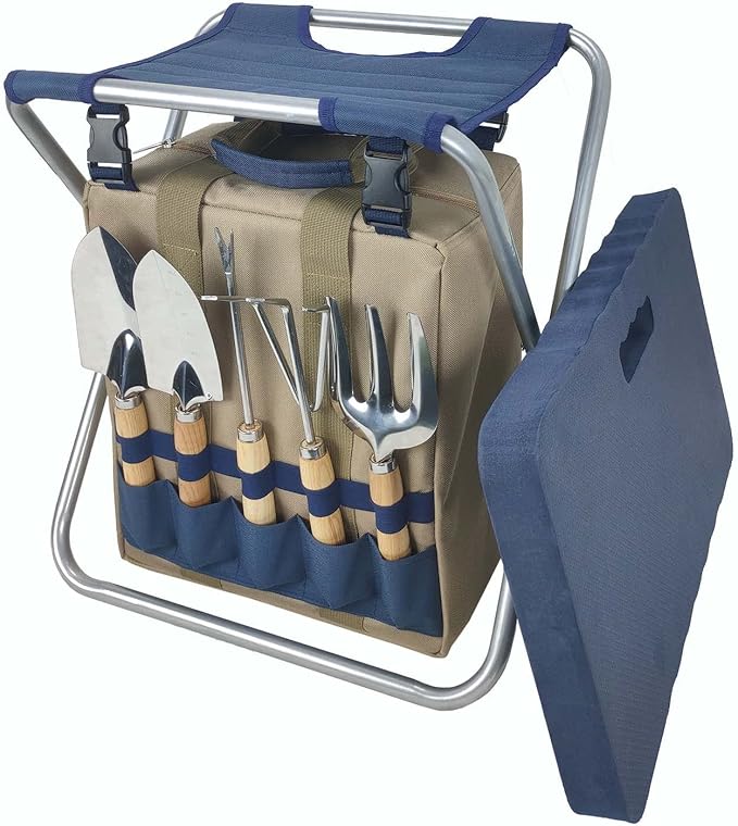 Garden Folding Gardener Stool with Gardening Tools Insulation Garden Bags Plus 5 Garden Tools and Gardening Kneeler Ideal Gift for Mother's Day/Father's Day (Navy Blue)-PurrikoPets
