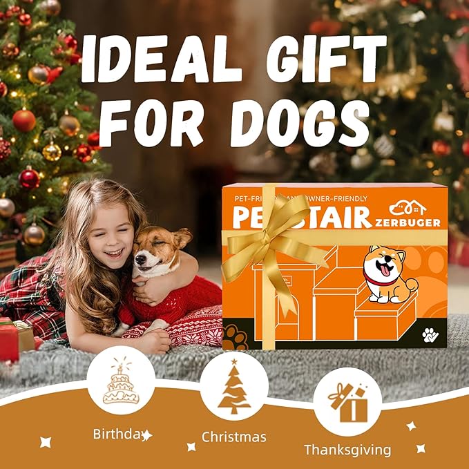 Dog Stairs 18" H, 3-Step Wider Dog Steps for High Beds Couch, Folding Storage Pet Stairs Gift for Small/Medium/Large Old Dogs Cats, Ramp for Climbing Car Up to 200 lbs, (Gray, with Condo)-PurrikoPets