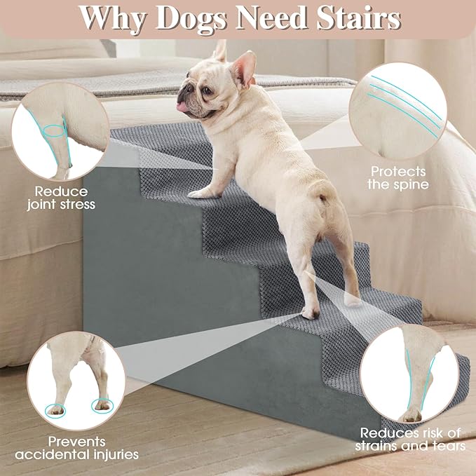 GGIB Dog Stairs for Small Dogs Cats Non-Slip Dog Steps for High Bed Pet Stairs for Sofa Couch Pet Ramp Pet Steps with Removable Washable Cover, Grey, 22" H, 5-Step-PurrikoPets