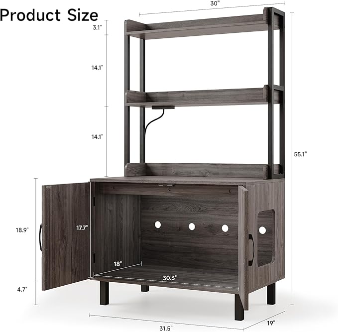 55 Inches Cat Litter Box Enclosure, Hidden Litter Box Furniture with 2 Storage Shelves and Charging Sockets, Wooden Cat House, Large Indoor Cabinet for Living Room & Entryway, Grey-PurrikoPets