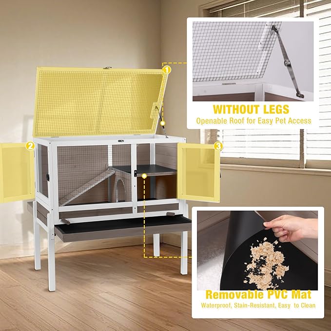 Aivituvin 2-Story Rabbit Hutch with Anti-Chew Ramp & Zinc Sheet - 36.6" Indoor Guinea Pig Cage, Wooden Stand, Pull-Out Tray & Leakproof Floor (Brown)-PurrikoPets