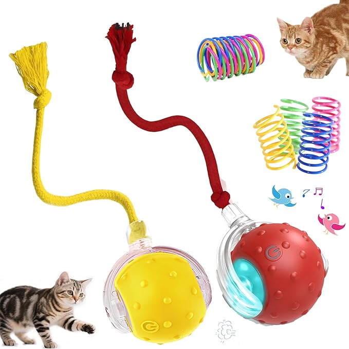 2-Pack Interactive Cat Toys Ball - 2025 New Gen with 360° Auto-Rotation Smart Obstacle Avoidance,Includes 8 Cat Spiral Spring,Ideal Kitten Toys for Bored Indoor Cats(Red＆Yellow, Cat Toy Ball)-PurrikoPets