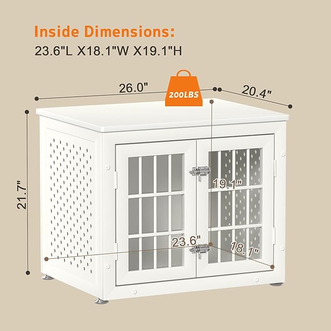26" Heavy Duty Dog Crate Furniture for Small Dogs, Metal Kennel for High Anxiety Dogs, Chew Proof Pet Cage Indoor, Decorative Kennel End Table, White-PurrikoPets