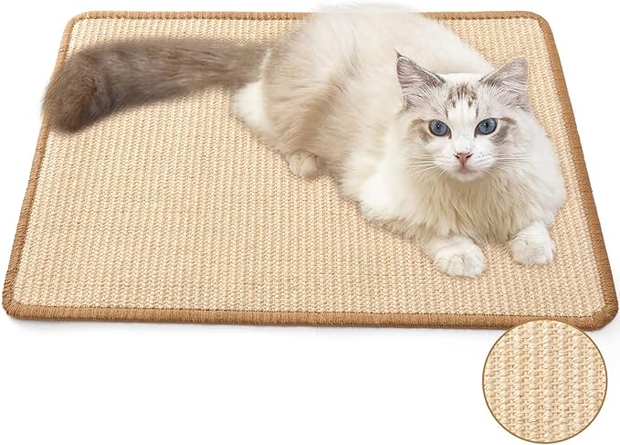 FUKUMARU Cat Scratcher Mat, 23.6 X 15.7 Inch Natural Sisal Cat Scratch Mats, Horizontal Cat Floor Scratching Pad Rug with Sticky Tapes, Protect Sofa and Carpet-PurrikoPets