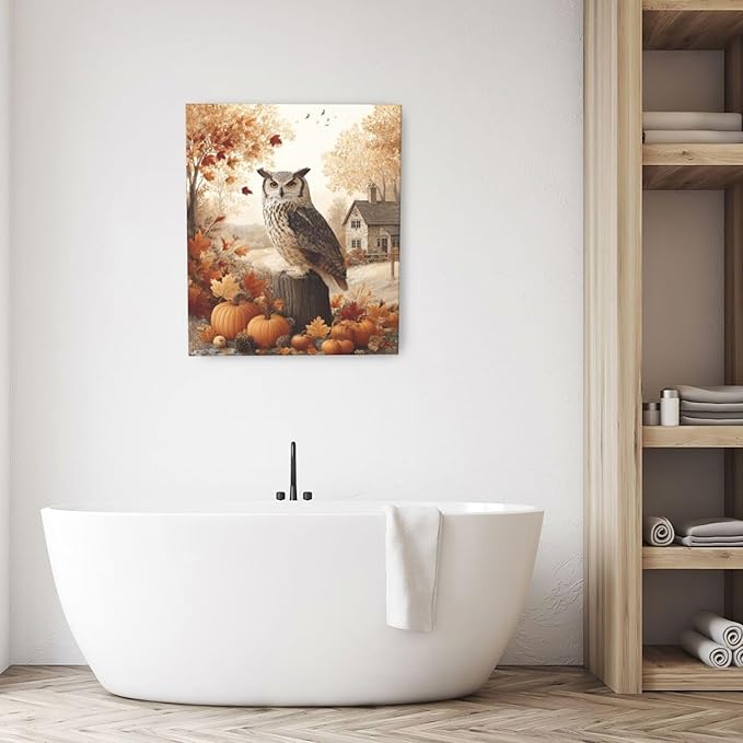 Fall Owl Wall Art Autumn Pumpkin Leaves Wall Decor Rustic Canvas Print Farmhouse Pictures Painting Print Framed Artwork Decorations Gifts for Living Room Bathroom Bedroom Office 20"x24"-PurrikoPets