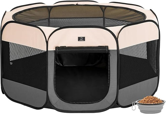 A4Pet Dog Playpen Indoor, 49” Portable Playpen with Bowl, Suitable for Puppies, Kittens, and Small Animals, Removable Zipper & Mesh Panel(16”W × 10”H)-PurrikoPets