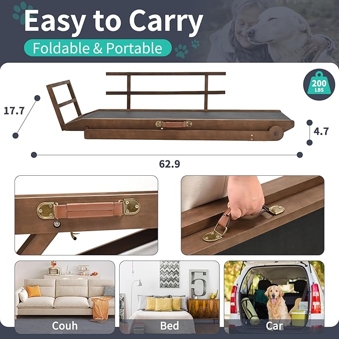 Dog Ramp, 5 Level Adjustable Height Folding Pet Ramp for High Bed, Portable Paw Ramps Large Bed Ramp for Medium & Large Old Dogs & Cats - Natural Wood Furniture Quality-PurrikoPets