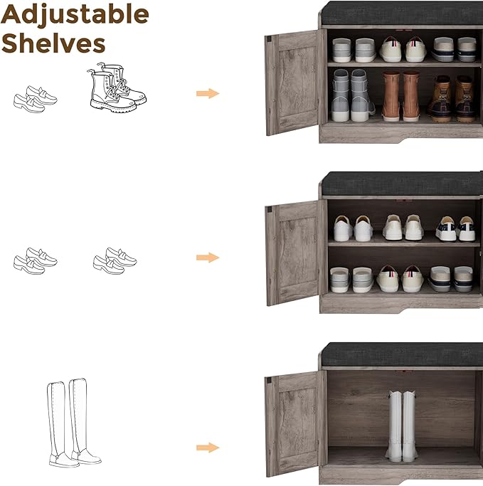 2-Tier Storage Bench, Shoe Bench with Thickened Padded Seat Cushion, Entryway Bench with 4 Doors, Adjustable Shelf, 13.8" D x 45.3" W x 18.5" H, for Entryway, Living Room, Bedroom, Greige-PurrikoPets