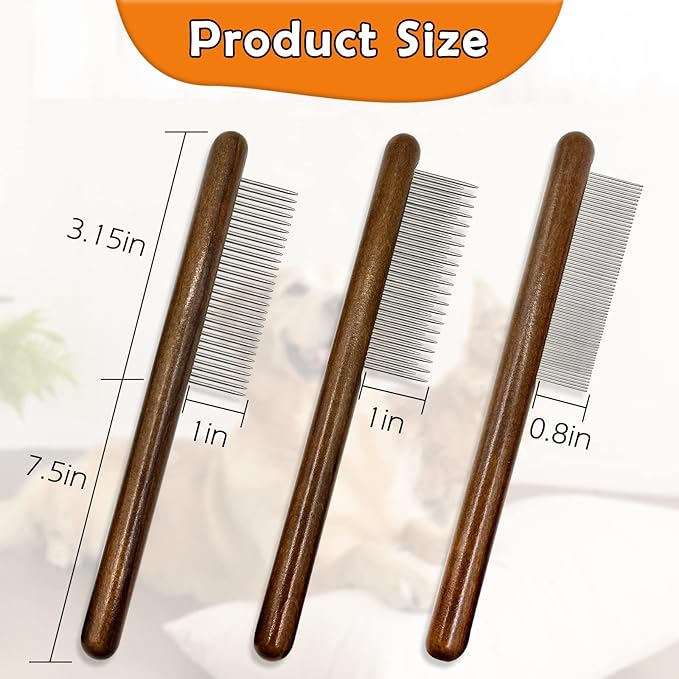 3 Pack Solid Wood Cat Combs, Stainless Steel Teeth for Cat Dog Rabbit Massage, Flea Lice Comb Removes Mats, Tangles and Loose Fur, Grooming Comb for Small Medium Pets-PurrikoPets