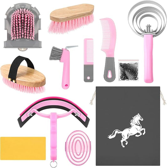 Abbylike 12 Pieces Horse Grooming Kit Racing Festival Tack Room Supplies Horse Brush Sets Equine Care Cleaning Kit Shedding Grooming Massaging Tools(Pink and Grey)-PurrikoPets