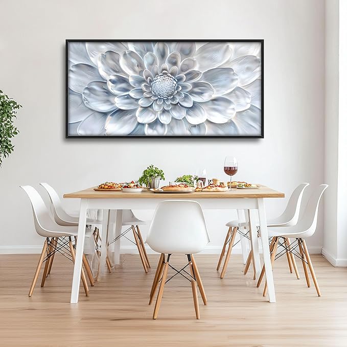 Abstract Flower Large Wall Art White Silver Floral Pictures Wall Decor Neutral Canvas Print Painting Artwork for Bathroom Living Room Bedroom 60L" x 30W"-PurrikoPets