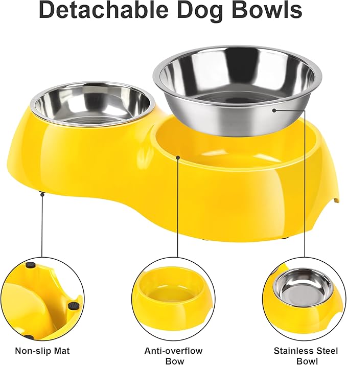 Elevated Dog Bowls Set - Non-Slip Raised Pet Feeder with Medium (2 Cups) & Large (4 Cups) Stainless Steel Bowls - Includes Durable Resin Stand for Puppies, Adult Dogs & Cats - Yellow-PurrikoPets