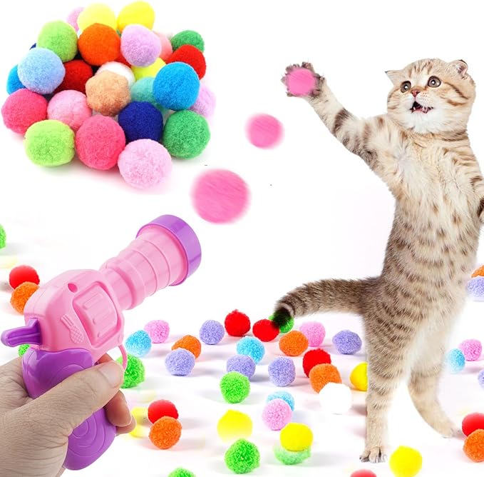31Pcs Cat Ball Toy Launcher, 30Pcs Plush Fuzzy Balls, Cat Fetch Toy Gun Shooter for Indoor Kittens-PurrikoPets