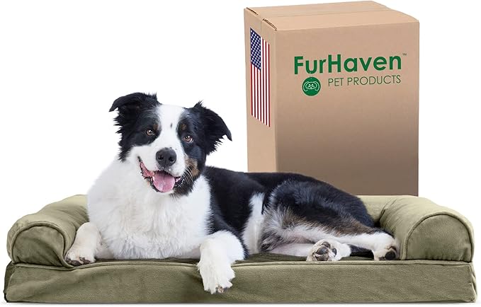 Furhaven Cooling Gel Dog Bed for Large/Medium Dogs w/ Removable Bolsters & Washable Cover, For Dogs Up to 55 lbs - Faux Fur & Velvet Sofa - Dark Sage, Large-PurrikoPets