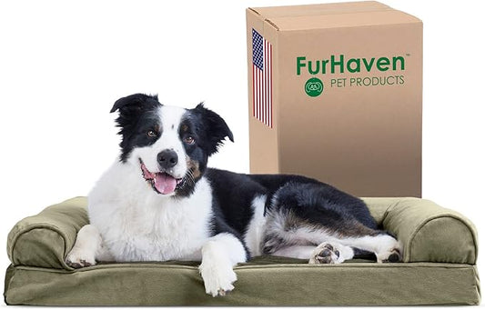 Furhaven Cooling Gel Dog Bed for Large/Medium Dogs w/ Removable Bolsters & Washable Cover, For Dogs Up to 55 lbs - Faux Fur & Velvet Sofa - Dark Sage, Large-PurrikoPets