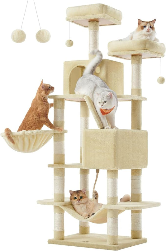 Feandrea Cat Tree, 66.1-Inch Large Cat Tower with 13 Scratching Posts, 2 Perches, 2 Caves, Basket, Hammock, Pompoms, Multi-Level Plush Cat Condo for Indoor Cats, Beige UPCT165M01-PurrikoPets