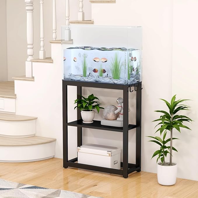10-20 Gallon Fish Tank Stand with Storage Shelf, Aquarium Stand Measuring 24.8" W x 9.5" D x 30.1" H with Hooks,Heavy Duty Metal Turtle Reptile Tank Stand, Easy Assemble-PurrikoPets