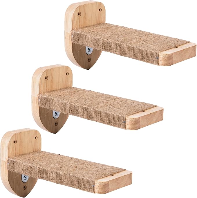 3pcs Cat Wall Steps, Climbing Mounted Furniture, Shelves With Hemp Rope Covered, Solid Wood Ladder for Playing and Climbing (Large-Wood)-PurrikoPets