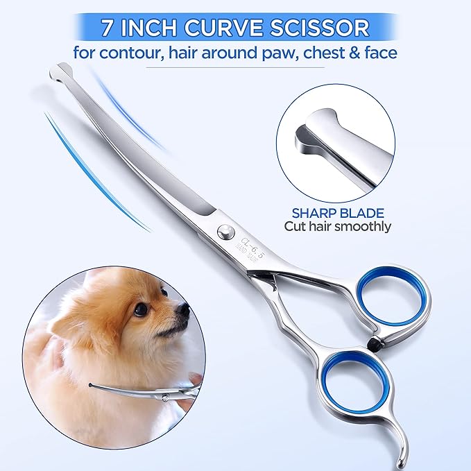 Gimars 7.0in Professional 4CR Stainless Steel Safety Round Tip 6 in 1 Dog Grooming Scissors Heavy Duty Titanium Coated Pet Grooming Scissor for Dogs, Cats and Other Animals-PurrikoPets