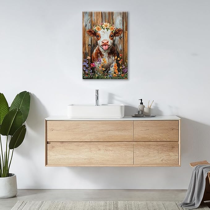 Funny Cow Bathroom Pictures Wall Art, Rustic Brown Cute Cow Bathroom Wall Decor, Farmhouse Floral Framed Painting Animal Flower Canvas Artwork for Bedroom Living Room Decorations 24"L x 16"W-PurrikoPets