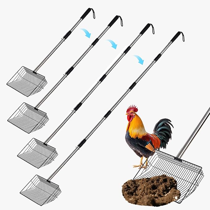 10inch Large Metal Chicken Poop Scooper,32 to 67" Adjustable Long Chicken Coop Litter Scoop,Heavy Duty Sifting Shovel for Chicken Coop & Pet Waste Cleaning-PurrikoPets