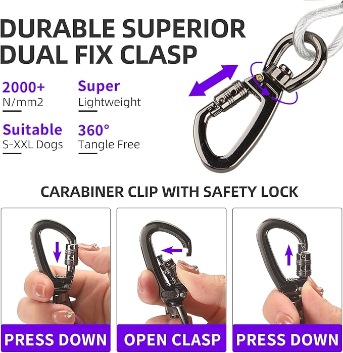 Dog tie Out Cable, 10/20/25/30/50/70/100 feet, Suitable for Dogs up to 350 pounds, Dog Cable with Swivel Buckle, Lightweight, Non-Winding, for Outdoor Camping, Yard Dog Cable (White, 100FT)-PurrikoPets