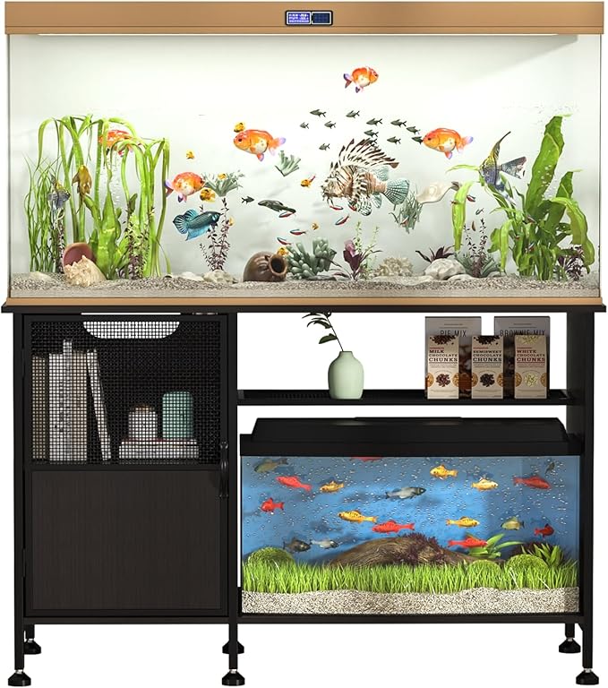 Fish Tank Stand, Modern Aquarium Stand with Built-in Cabinet and Shelves - Sleek Black Iron and Wood Grain Design for Stylish Home Décor（ 51.97" x W 19.69" x H 31.5"） Black-PurrikoPets