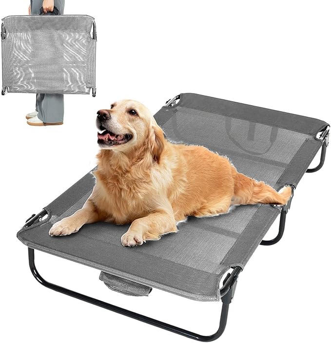 Dog Elevated Bed Foldable Portable Raised Bed Camping cot Outdoor Summer Dog Bed (Large, Grey-Textilene)-PurrikoPets