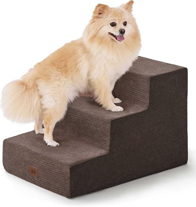 Dog Stairs for Bed, Dog Steps for Bed Couch Sofa, 35D Foam Pet Steps for Small Dogs and Cats, Extra Wide Pet Stairs with Non-Slip Bottom Brown, 3 Steps-PurrikoPets