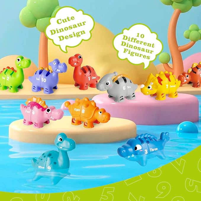 20 PCS Dinosaur Number Learning Toys for Toddlers Kids 3-5, 10 Different Dinosaur Figures, Double Sided Number Matching Game, Preschool Activities Montessori Fine Motor Toys for Toddlers Kids-PurrikoPets