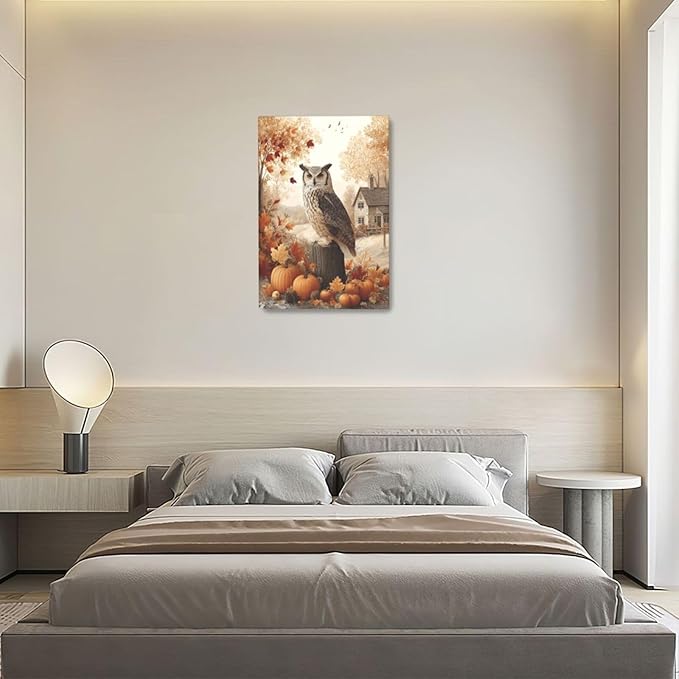 Fall Owl Wall Art Autumn Pumpkin Leaves Wall Decor Rustic Canvas Print Farmhouse Pictures Painting Print Framed Artwork Decorations Gifts for Living Room Bathroom Bedroom Office 16"x24"-PurrikoPets