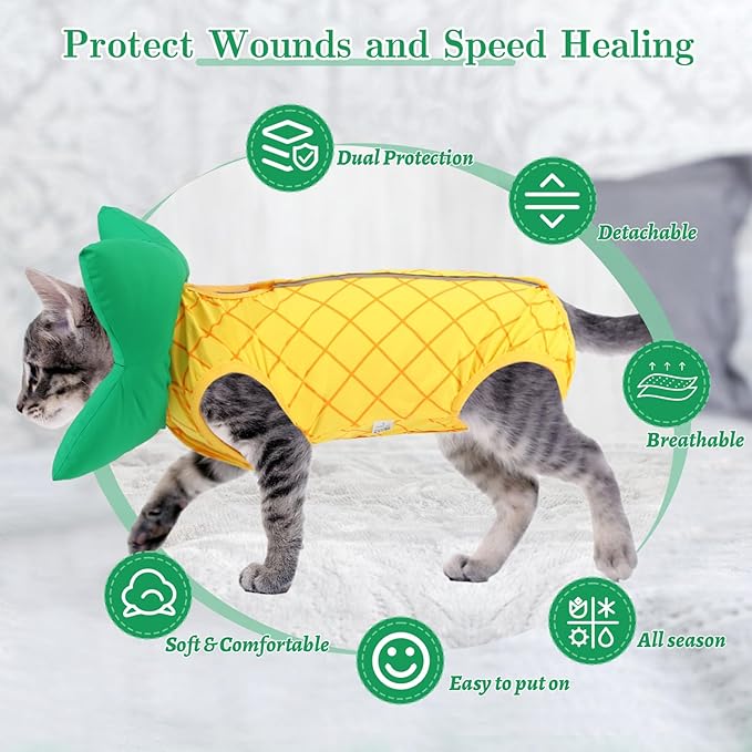 EMUST 2PCS Cat Recovery Suit & Cat Cone Collar Female, Soft & Adjustable Dog Surgery Suit Female Spay for Abdominal Wounds, Cotton Cone for Cats to Stop Licking for Small Female Pets 8-16lb, Yellow, L-PurrikoPets