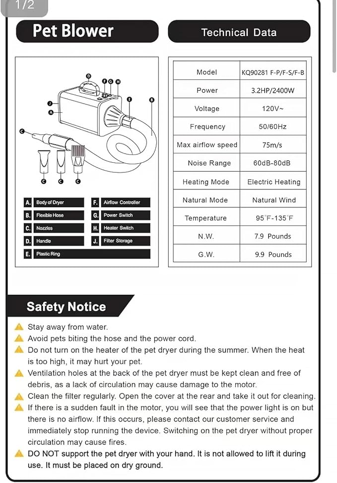 2400w 75m/s Dog Dryer for Pet Grooming, High Velocity Pet Hair Dryer with Heater, Adjustable Speed, 4 Nozzles and a Comb, Black-PurrikoPets