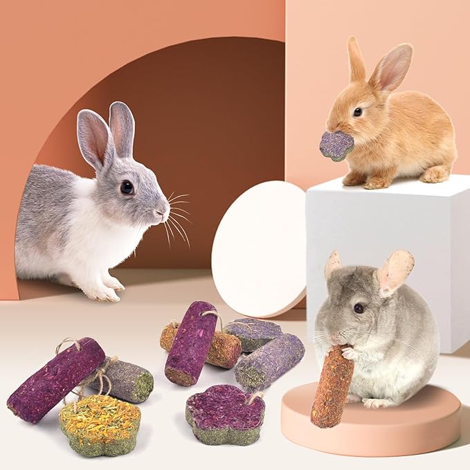 12PCS Rabbit Chew Sticks, Hanging Chew Sticks & Cakes Timothy Hay Rose Chrysanthemum Treat for Bunny Chinchilla Guinea Pig Hamster and Other Small Pets Molar Snack Toy-PurrikoPets