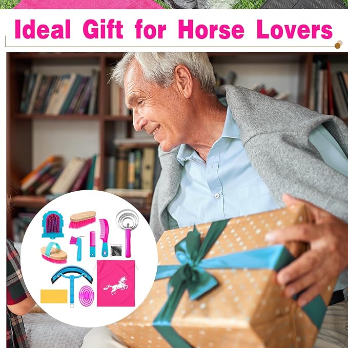 Abbylike 12 Pieces Horse Grooming Kit Racing Festival Tack Room Supplies Horse Brush Sets Equine Care Cleaning Kit Shedding Grooming Massaging Tools(Rose Red)-PurrikoPets