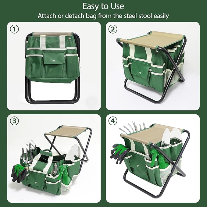 Garden Tool Set, 10 Piece Kit with Heavy Duty Folding Stool, Detachable Storage Tote Bag, Stainless Steel Tools, Gifts for Women Men Green-PurrikoPets