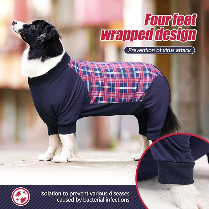Dog Recovery Suit, Abdominal Wound After Surgery Wear, Anti Licking Bodysuit with Zipper, E-Collar & Cone Alternatives, Plaid Dog Spay Surgical Onesie Prevent Shedding(XL, Red)-PurrikoPets