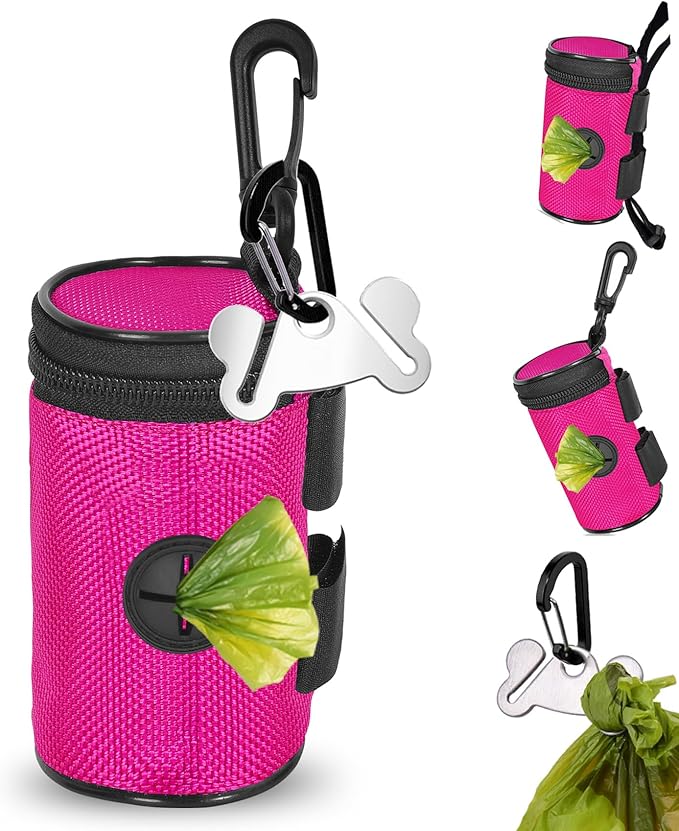 Dog Poop Bag Holder for Leash Attachment - Waste Bag Dispenser for Leash - Fits Any Dog Leash - Portable Set with Hand Free Holder Metal Carrier, Round Shape, Pink-PurrikoPets