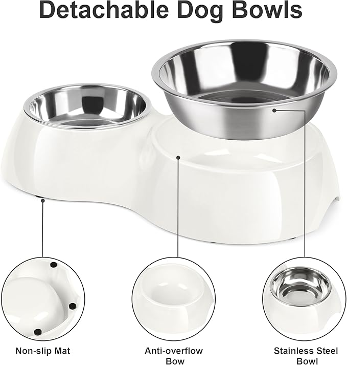 Double Dog Bowls Set – Non-Slip Pet Food & Water Dishes with Resin Stand, Includes Small (1 Cup) & Medium (2 Cups) Bowls – Ideal for Puppies, Cats, and Medium Dogs – White-PurrikoPets