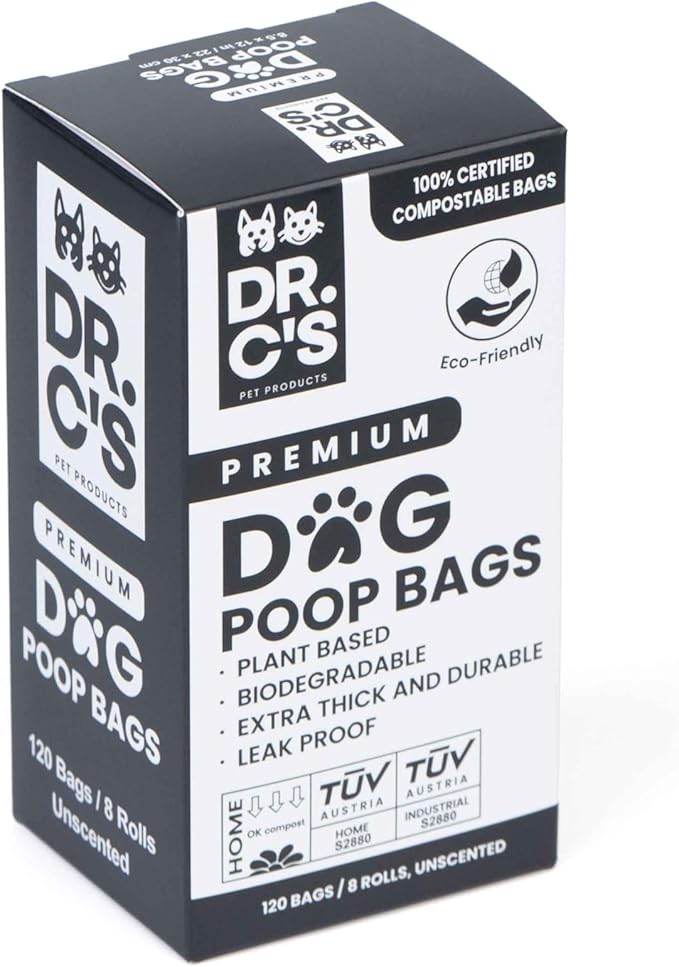 100% Certified Compostable Dog Poop Bags - Dr. C's Premium Dog Poop Bags - 120 Bags / 8 Rolls, Extra thick, Leak Proof, Unscented, Plant Based and Earth Friendly-PurrikoPets