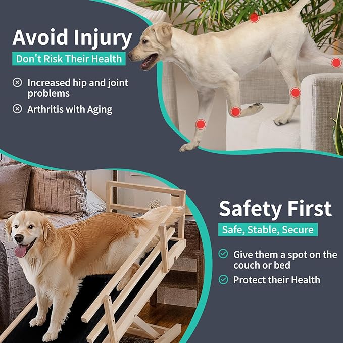 Dog Ramp, 5 Level Adjustable Height Folding Pet Ramp for High Bed, Portable Paw Ramps Large Bed Ramp for Medium & Large Old Dogs & Cats - Natural Wood Furniture Quality-PurrikoPets